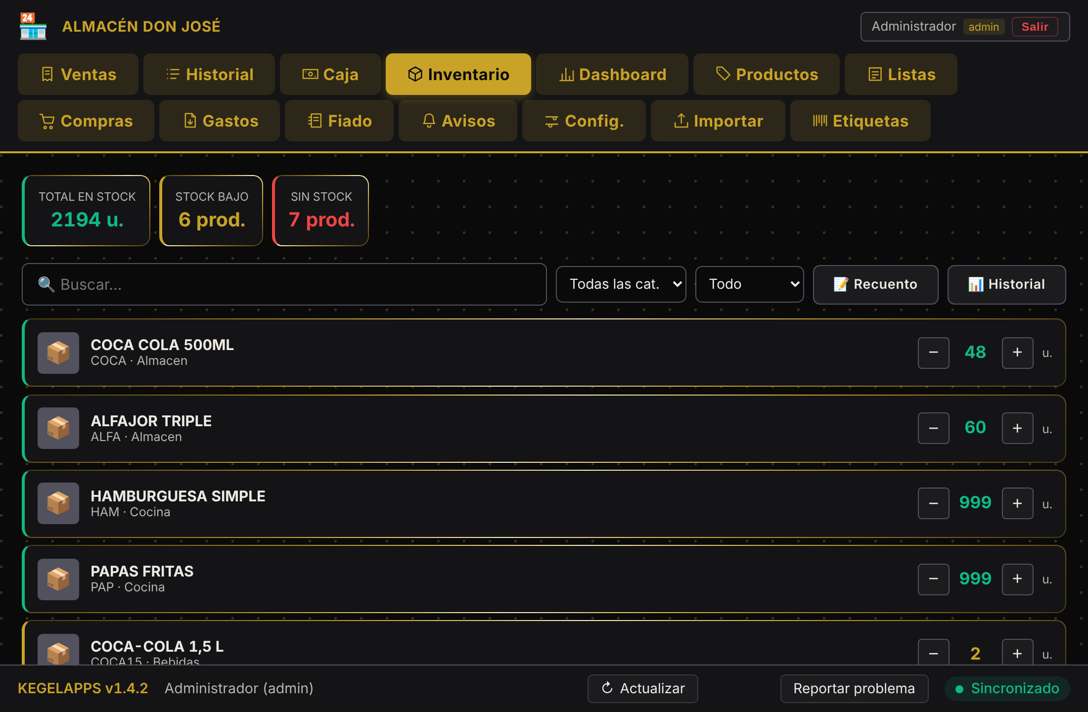 Pantalla de inventario con el stock de cada producto