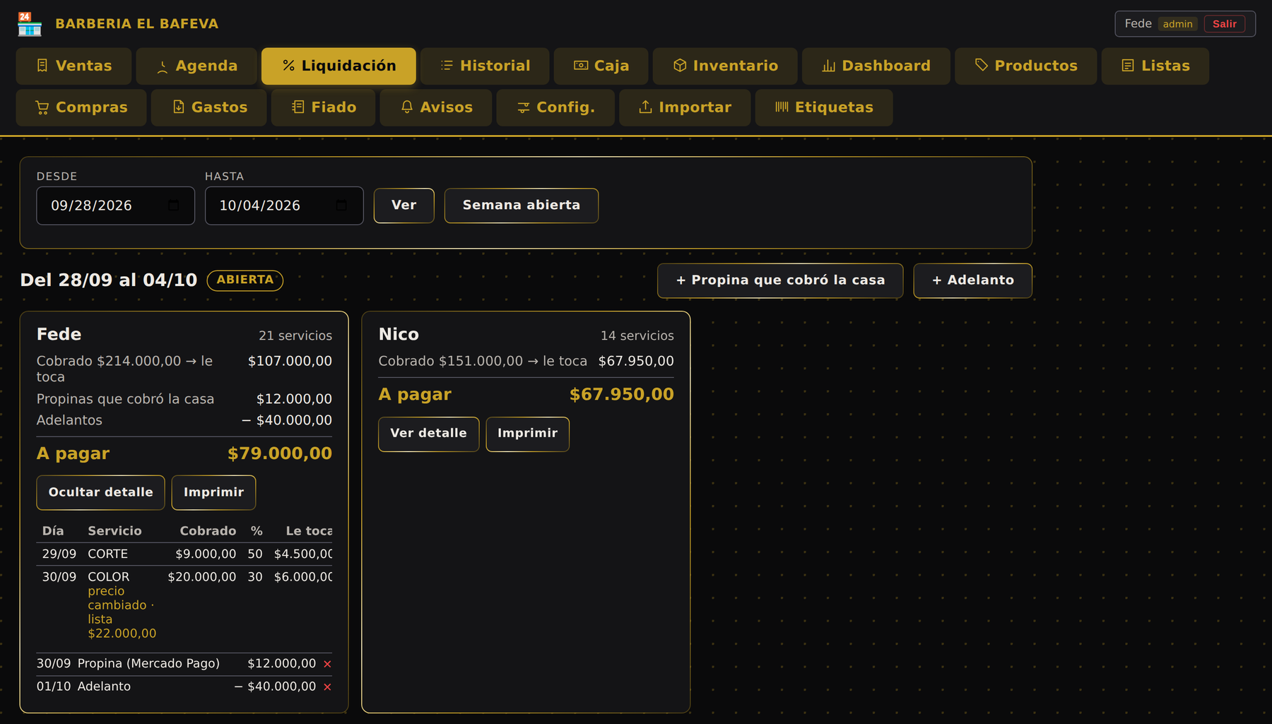 Liquidación semanal con lo que le toca a cada cortador