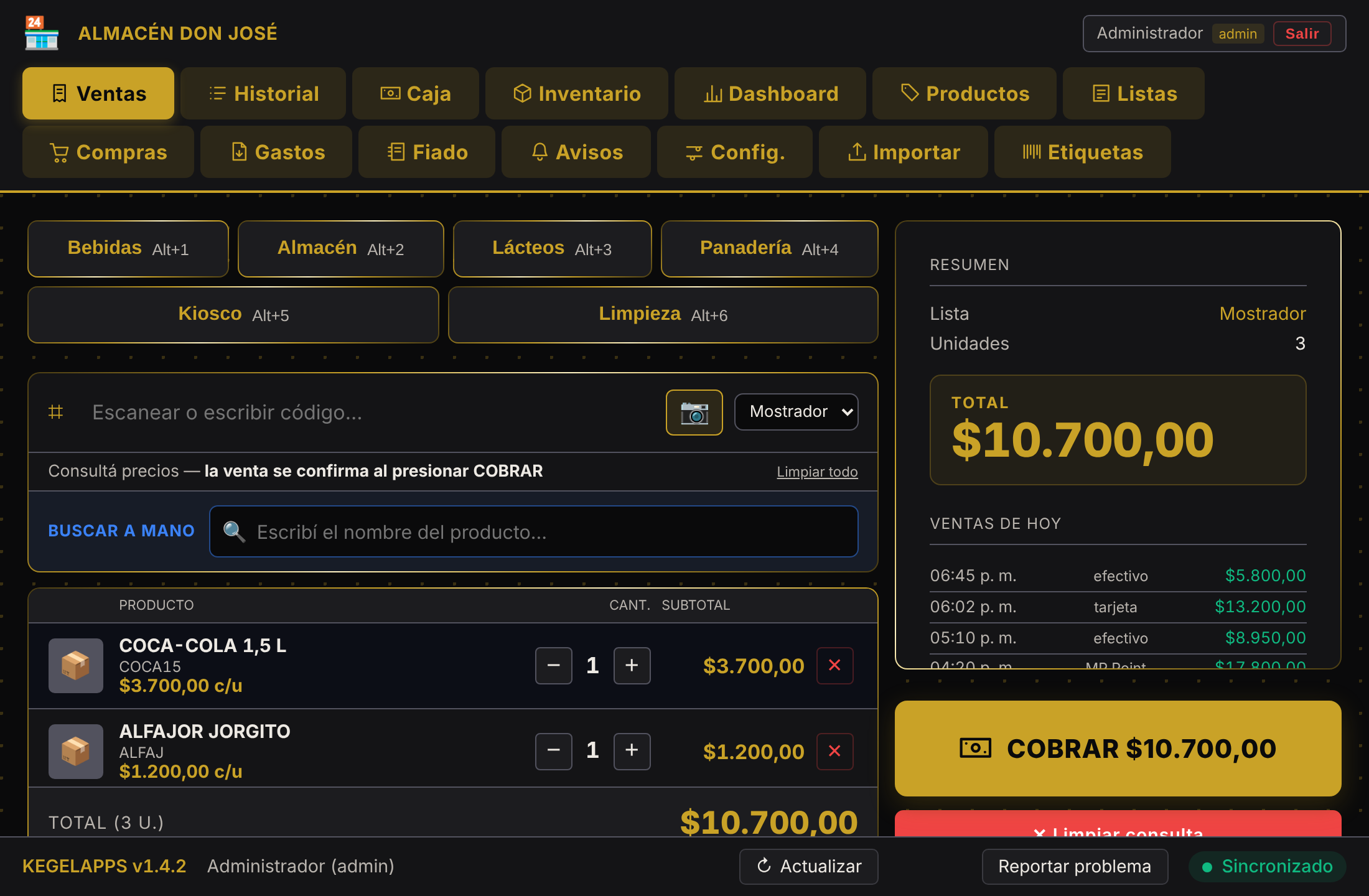 Pantalla de ventas de KEGELAPPS con tres productos en el carrito y el total a cobrar